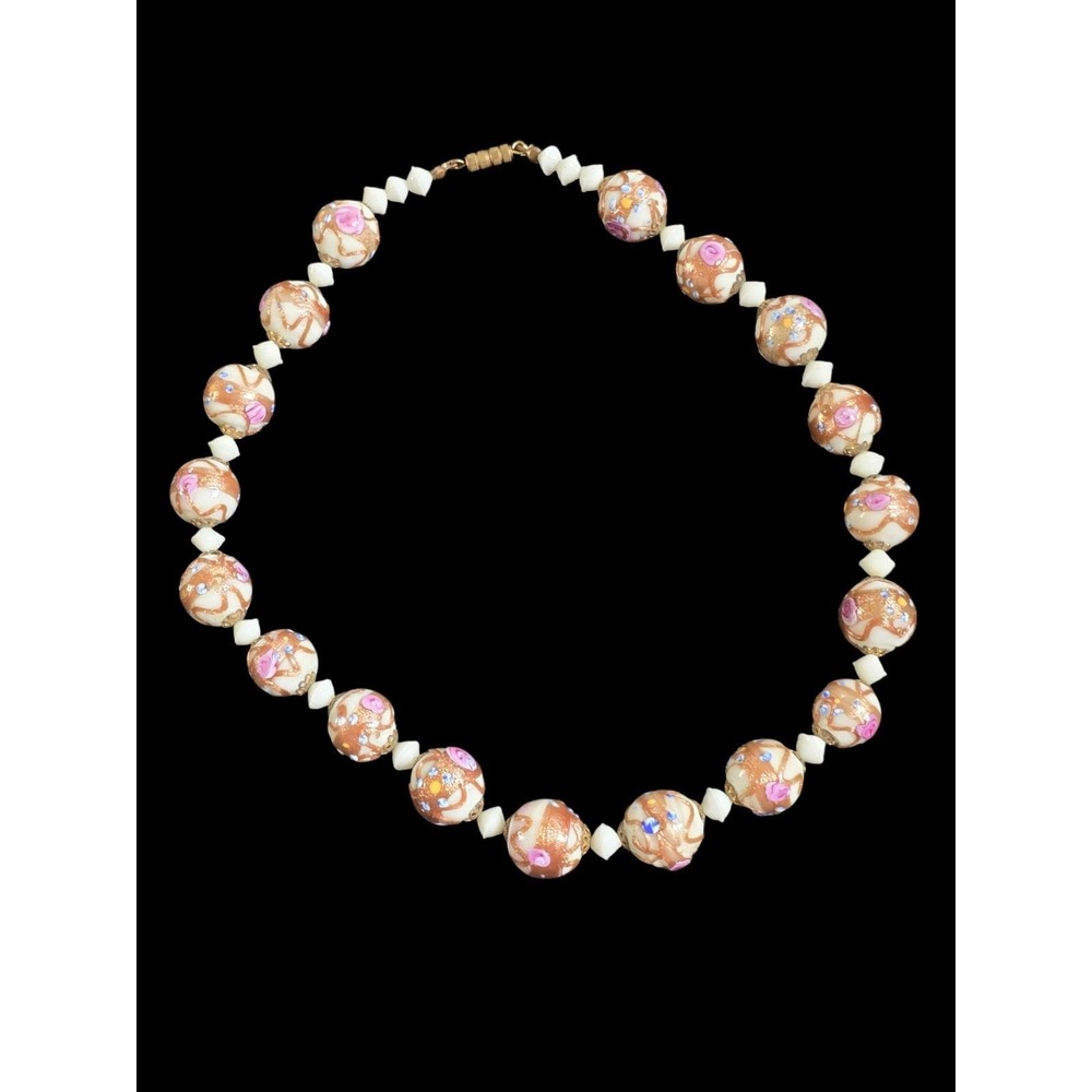 Vintage Venetian Wedding Cake Bead Necklace Murano Glass Pink Floral Copper 18"